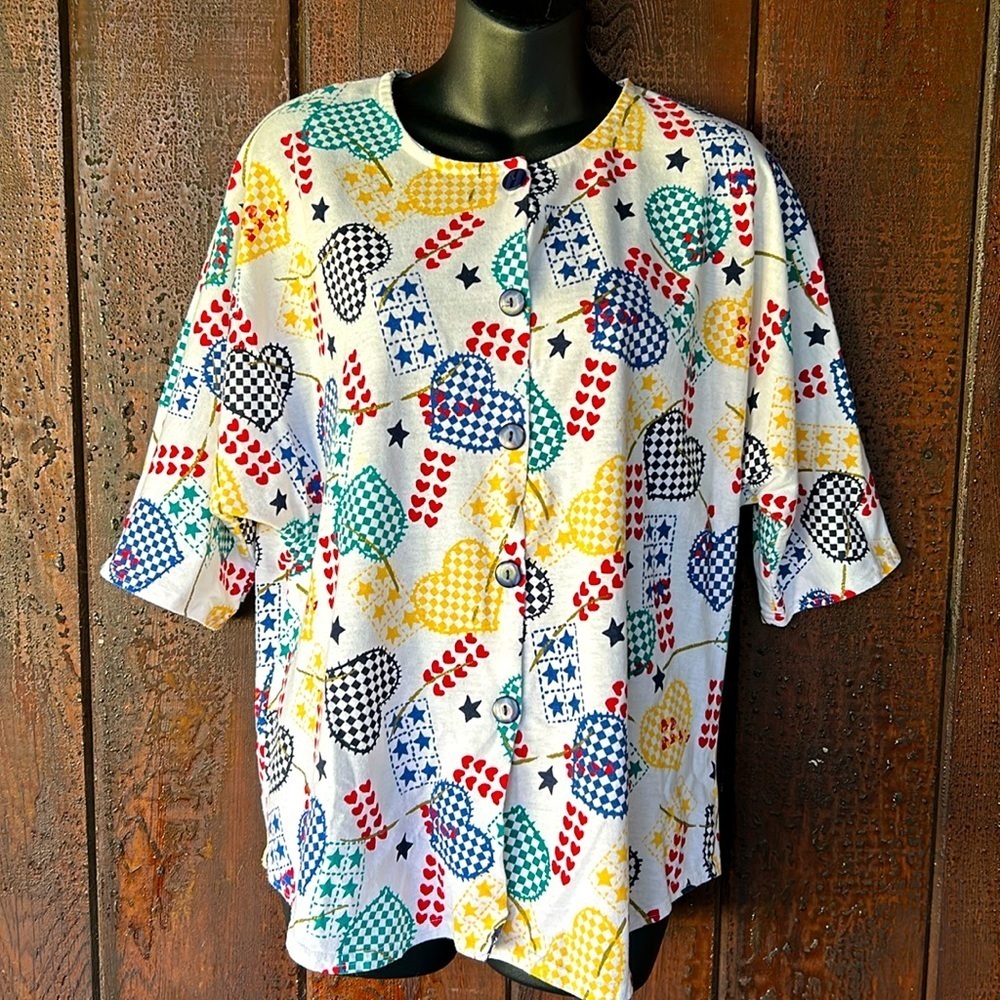 Vintage 90s Hearts & Stars Knit Button Up Short Dolman Sleeve Casual Top XL